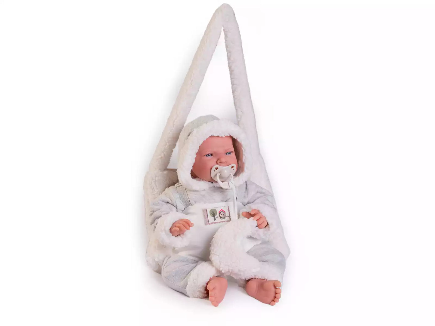 Antonio Juan doll - Newborn baby Lea with sheepskin baby carrier bag