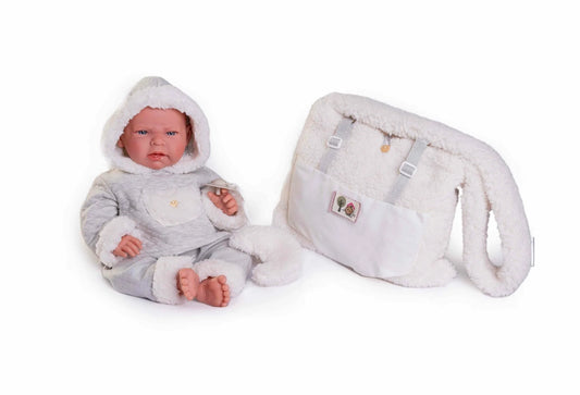 Antonio Juan doll - Newborn baby Lea with sheepskin baby carrier bag